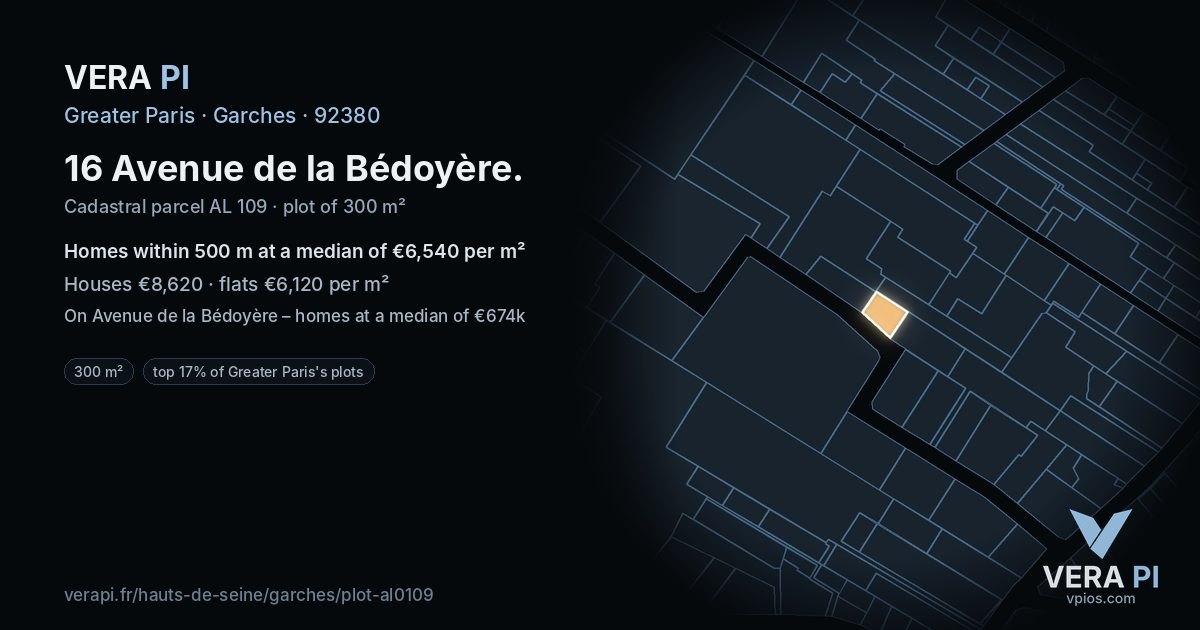 16 Avenue de la Bédoyère, Garches at night – the plot lit, the parcels around coloured by the prices near them