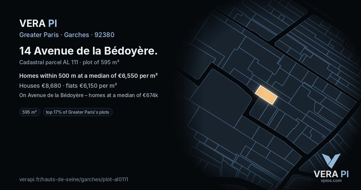 14 Avenue de la Bédoyère, Garches at night – the plot lit, the parcels around coloured by the prices near them