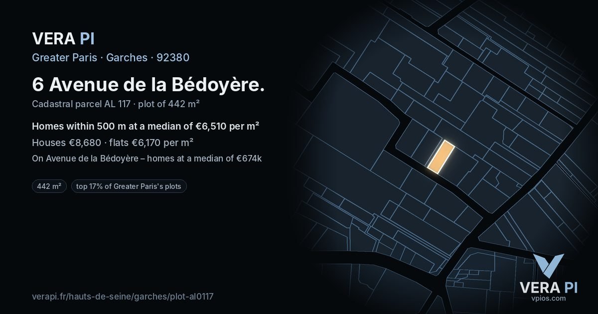6 Avenue de la Bédoyère, Garches at night – the plot lit, the parcels around coloured by the prices near them