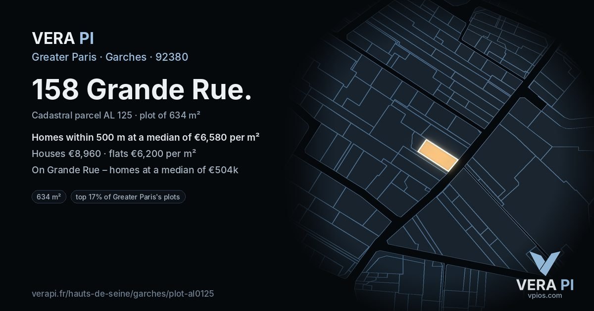 158 Grande Rue, Garches at night – the plot lit, the parcels around coloured by the prices near them