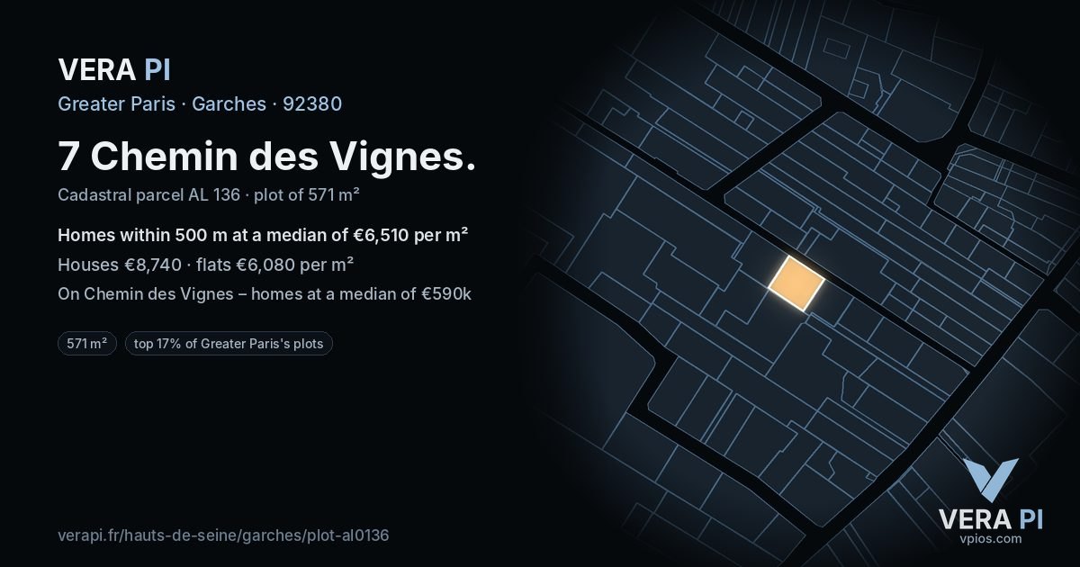 7 Chemin des Vignes, Garches at night – the plot lit, the parcels around coloured by the prices near them