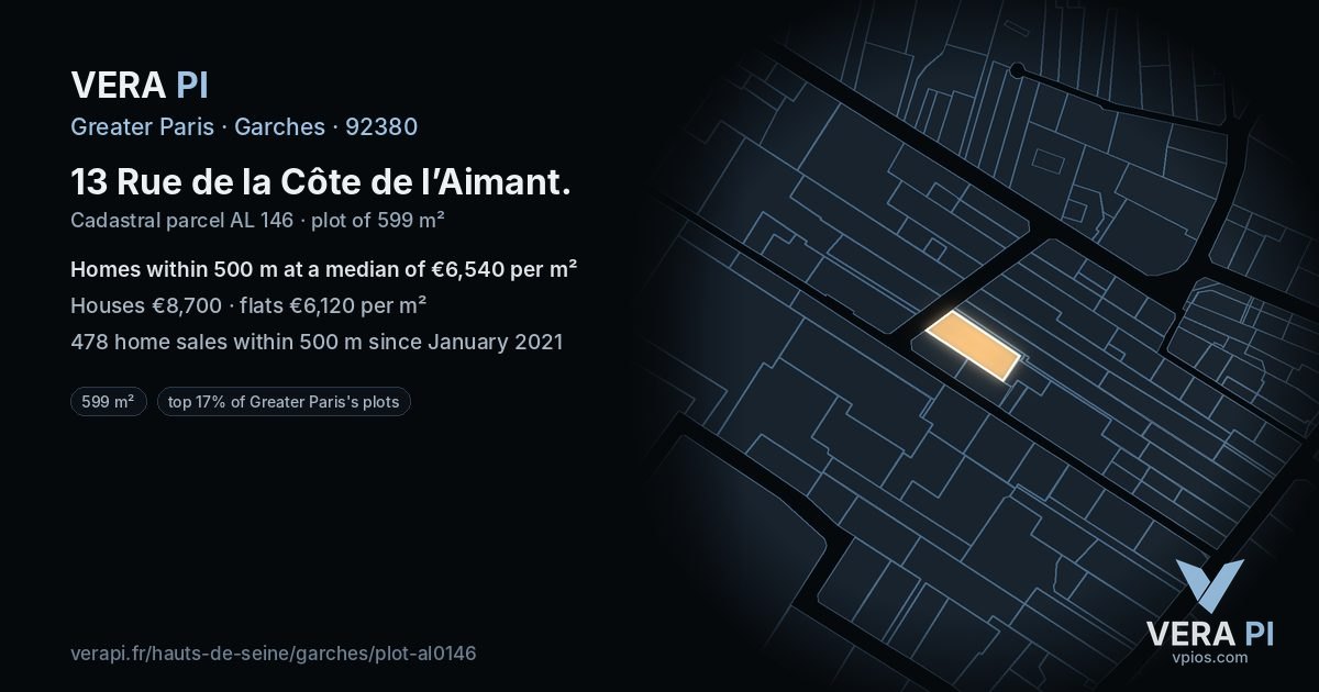 13 Rue de la Côte de l’Aimant, Garches at night – the plot lit, the parcels around coloured by the prices near them