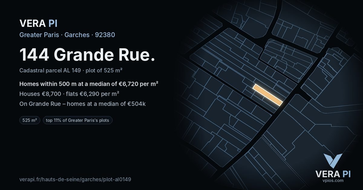 144 Grande Rue, Garches at night – the plot lit, the parcels around coloured by the prices near them
