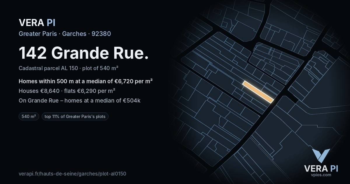 142 Grande Rue, Garches at night – the plot lit, the parcels around coloured by the prices near them
