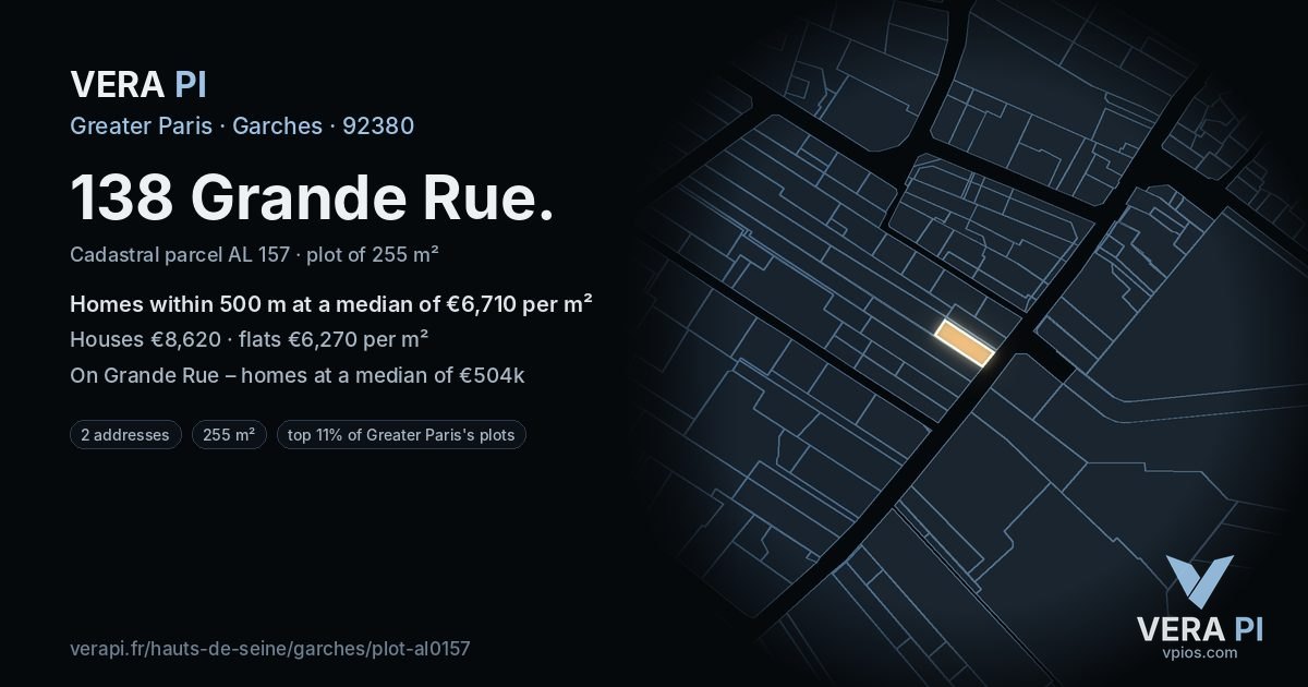 138 Grande Rue, Garches at night – the plot lit, the parcels around coloured by the prices near them