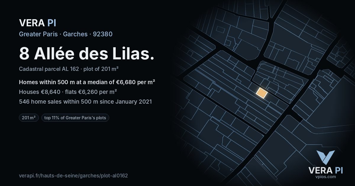 8 Allée des Lilas, Garches at night – the plot lit, the parcels around coloured by the prices near them