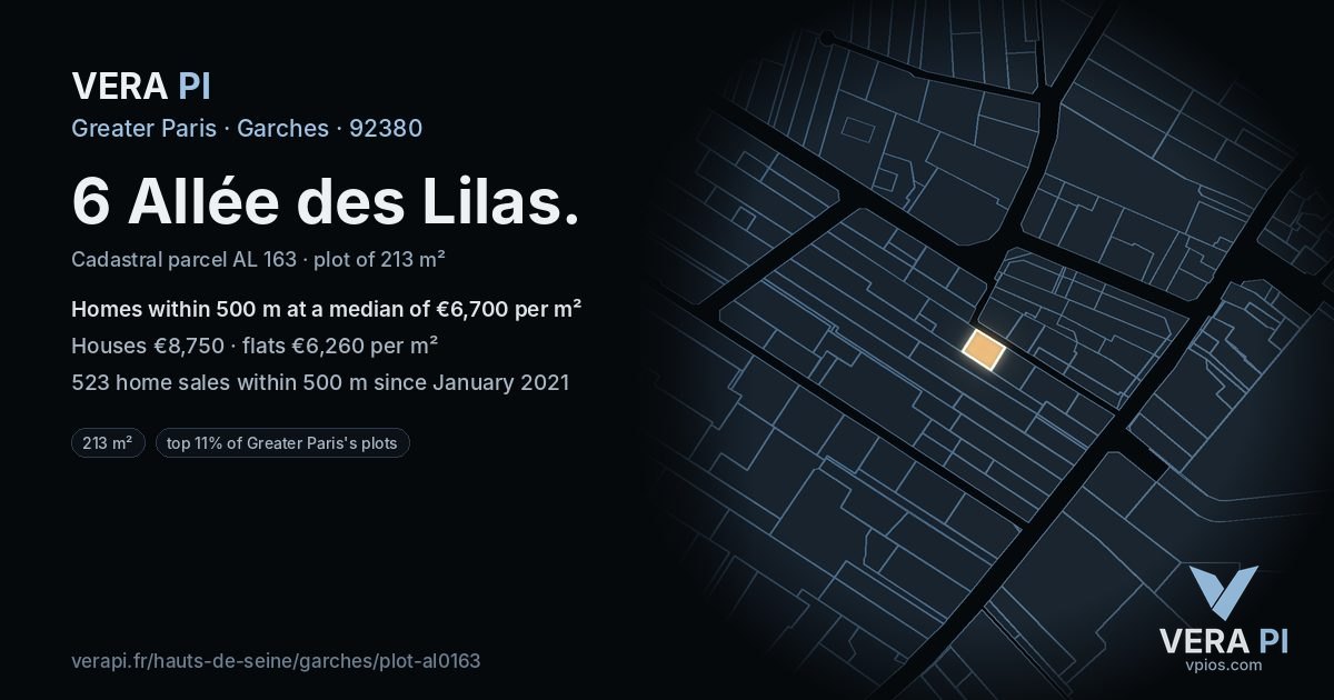 6 Allée des Lilas, Garches at night – the plot lit, the parcels around coloured by the prices near them