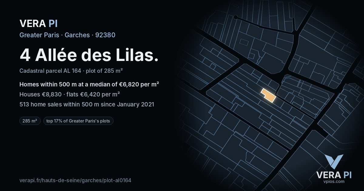 4 Allée des Lilas, Garches at night – the plot lit, the parcels around coloured by the prices near them