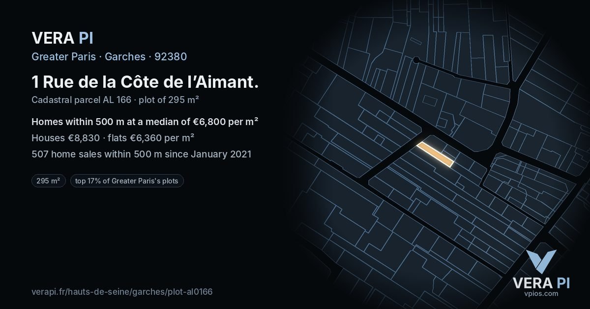 1 Rue de la Côte de l’Aimant, Garches at night – the plot lit, the parcels around coloured by the prices near them