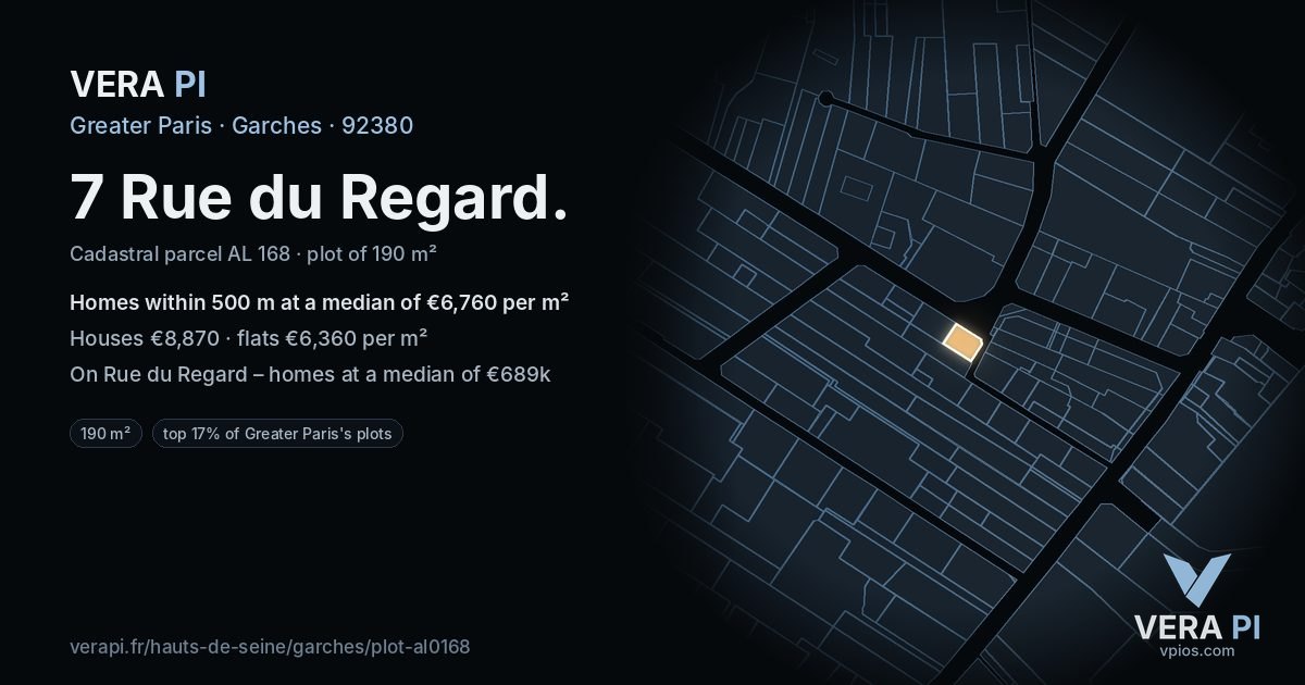 7 Rue du Regard, Garches at night – the plot lit, the parcels around coloured by the prices near them