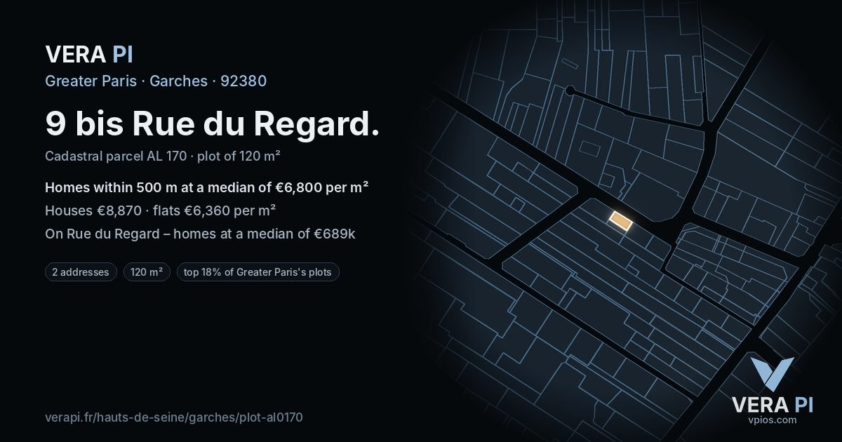 9 bis Rue du Regard, Garches at night – the plot lit, the parcels around coloured by the prices near them