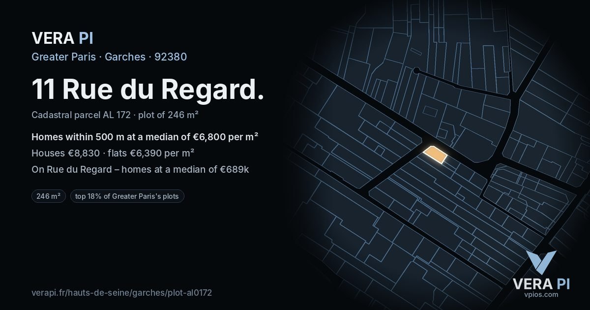 11 Rue du Regard, Garches at night – the plot lit, the parcels around coloured by the prices near them