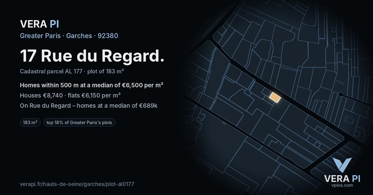 17 Rue du Regard, Garches at night – the plot lit, the parcels around coloured by the prices near them