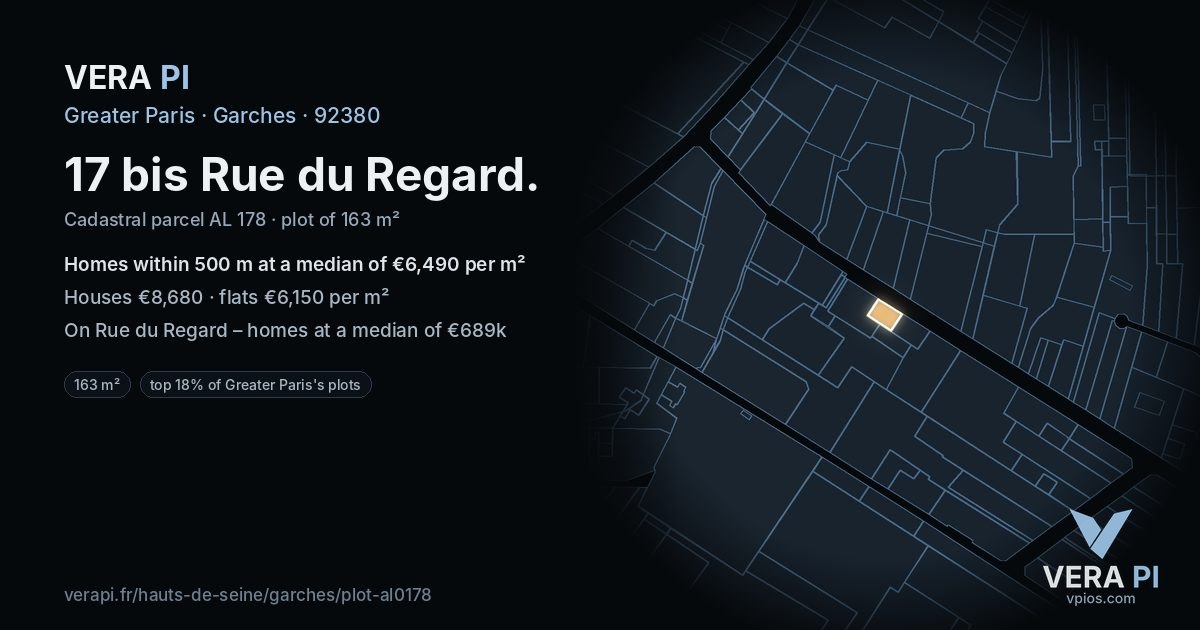 17 bis Rue du Regard, Garches at night – the plot lit, the parcels around coloured by the prices near them