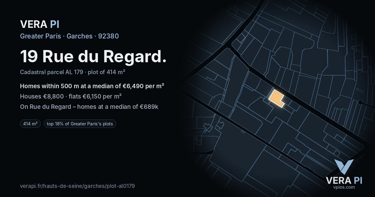 19 Rue du Regard, Garches at night – the plot lit, the parcels around coloured by the prices near them