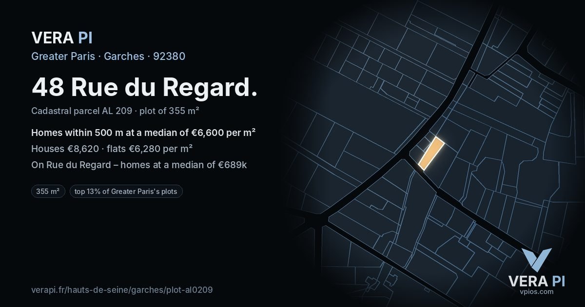48 Rue du Regard, Garches at night – the plot lit, the parcels around coloured by the prices near them