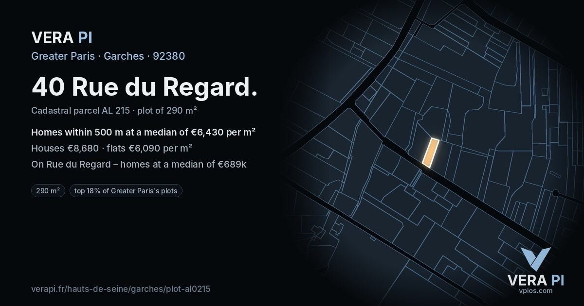 40 Rue du Regard, Garches at night – the plot lit, the parcels around coloured by the prices near them