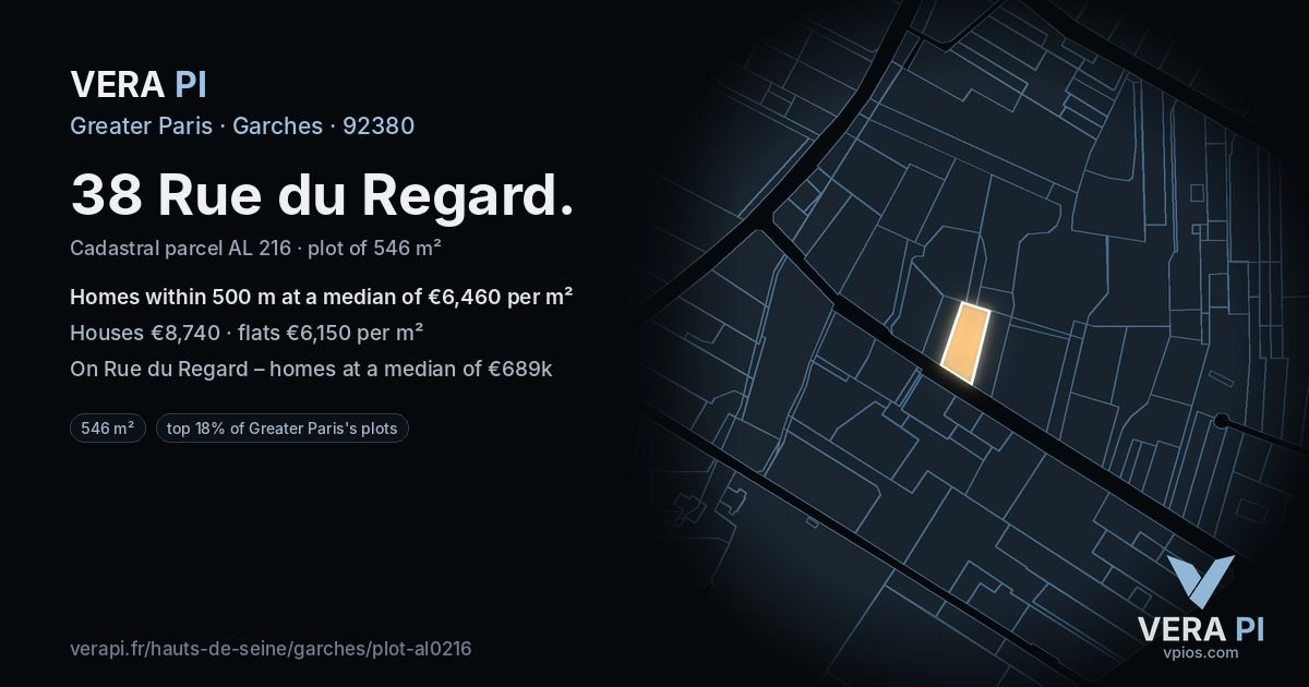 38 Rue du Regard, Garches at night – the plot lit, the parcels around coloured by the prices near them