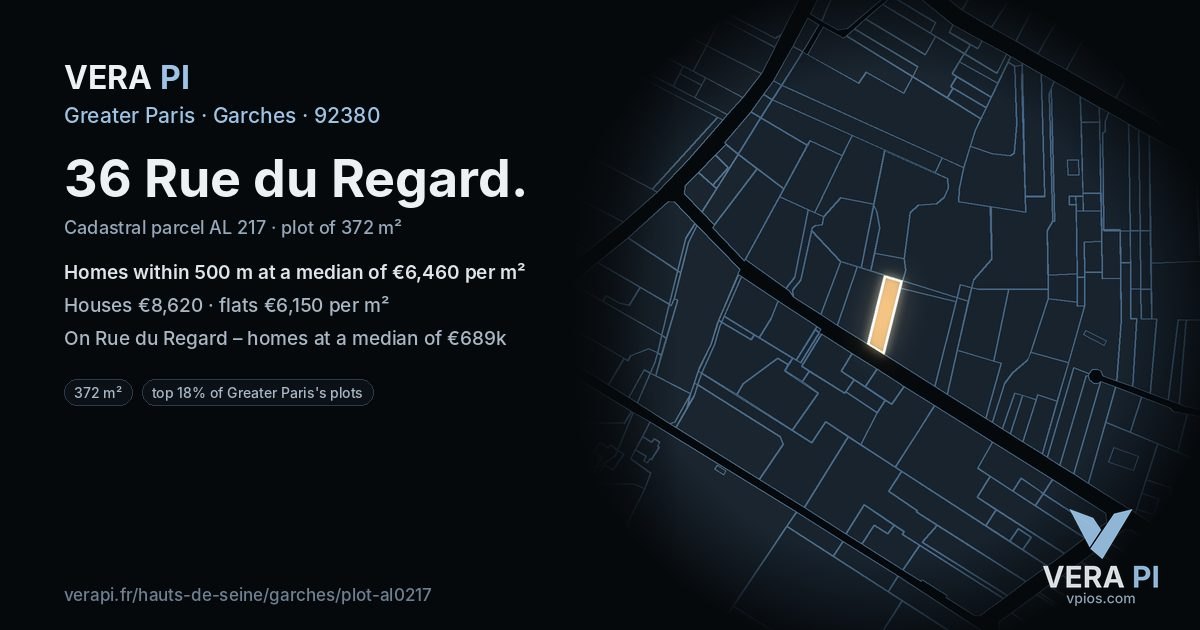 36 Rue du Regard, Garches at night – the plot lit, the parcels around coloured by the prices near them