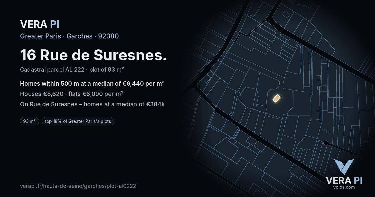 16 Rue de Suresnes, Garches at night – the plot lit, the parcels around coloured by the prices near them