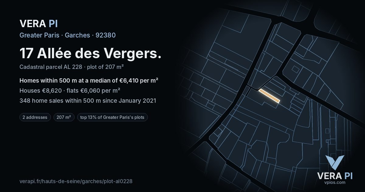 17 Allée des Vergers, Garches at night – the plot lit, the parcels around coloured by the prices near them