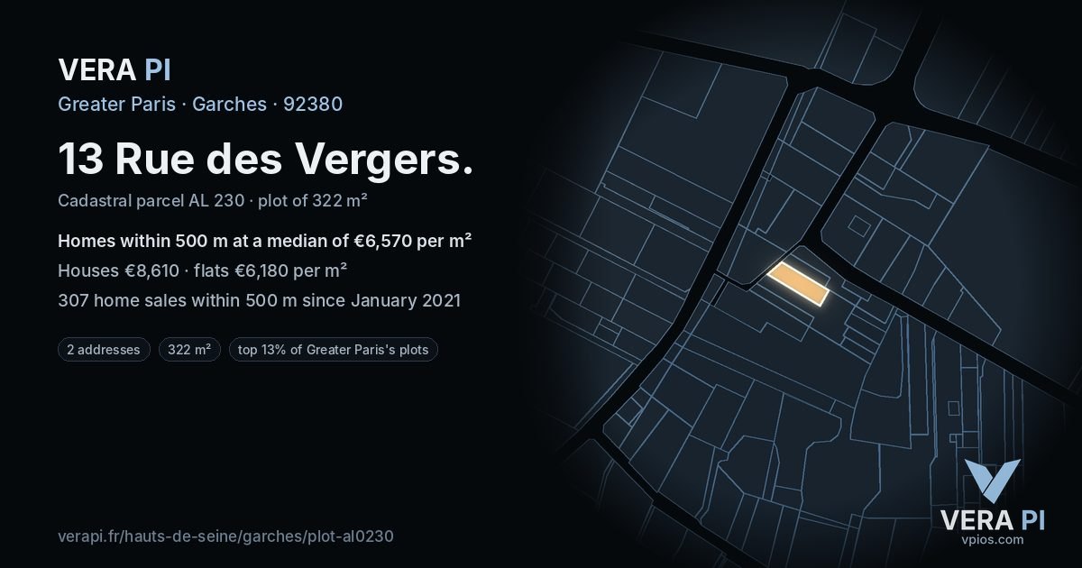 13 Rue des Vergers, Garches at night – the plot lit, the parcels around coloured by the prices near them