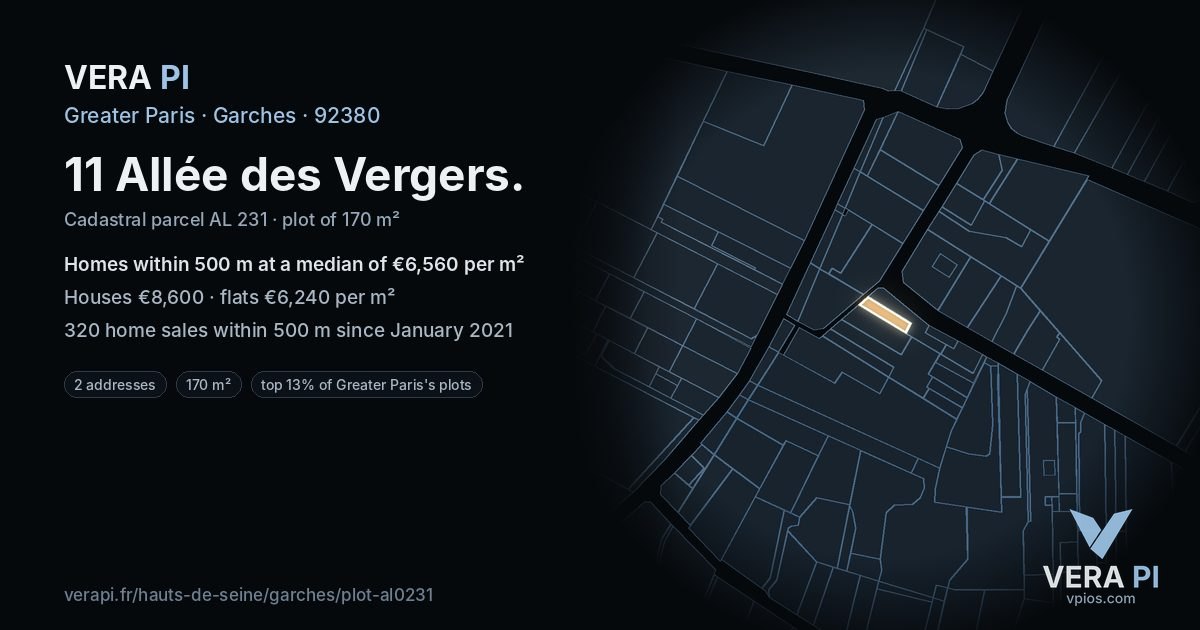 11 Allée des Vergers, Garches at night – the plot lit, the parcels around coloured by the prices near them