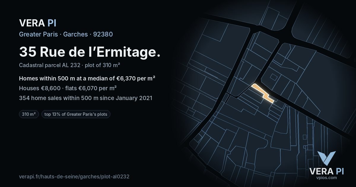 35 Rue de l’Ermitage, Garches at night – the plot lit, the parcels around coloured by the prices near them