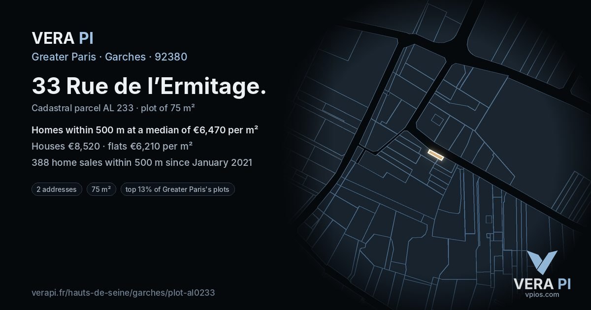33 Rue de l’Ermitage, Garches at night – the plot lit, the parcels around coloured by the prices near them