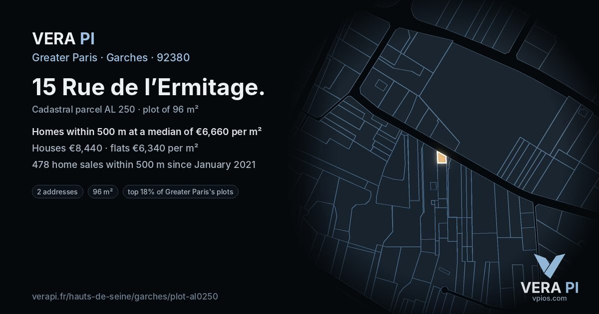 15 Rue de l’Ermitage, Garches at night – the plot lit, the parcels around coloured by the prices near them