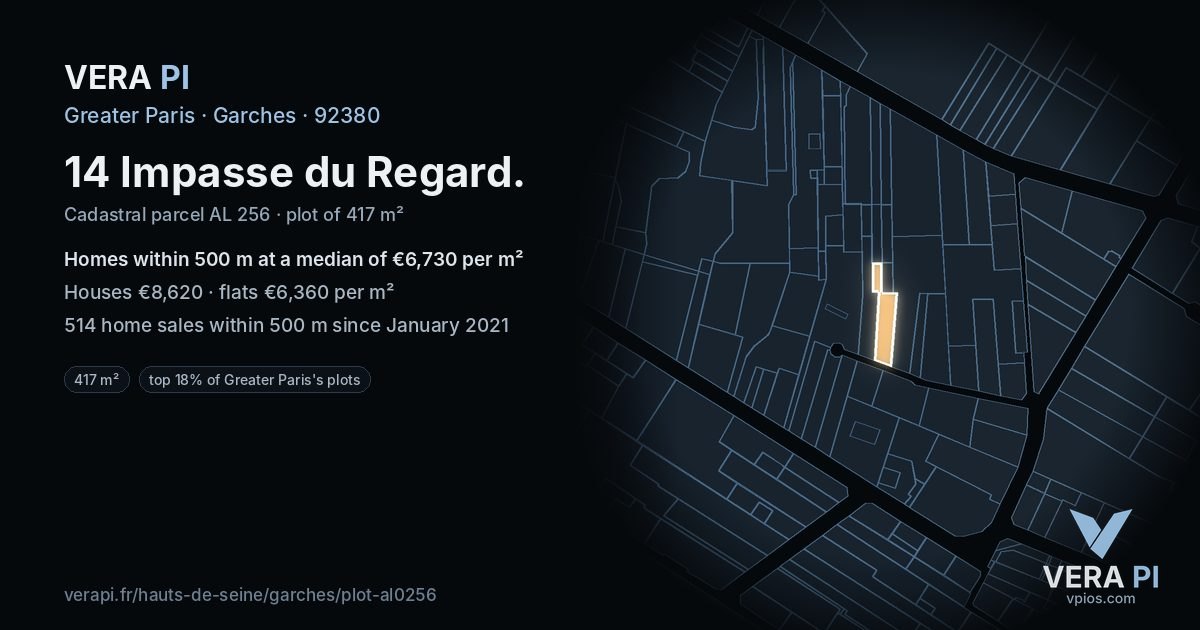 14 Impasse du Regard, Garches at night – the plot lit, the parcels around coloured by the prices near them