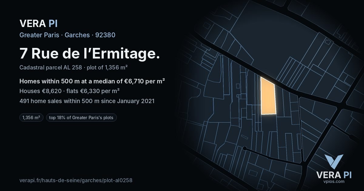 7 Rue de l’Ermitage, Garches at night – the plot lit, the parcels around coloured by the prices near them