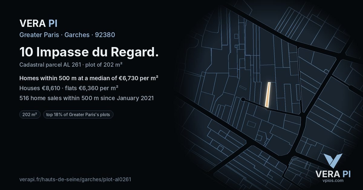 10 Impasse du Regard, Garches at night – the plot lit, the parcels around coloured by the prices near them