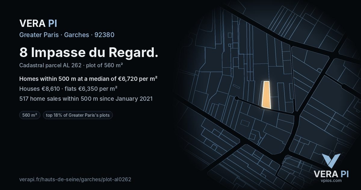 8 Impasse du Regard, Garches at night – the plot lit, the parcels around coloured by the prices near them