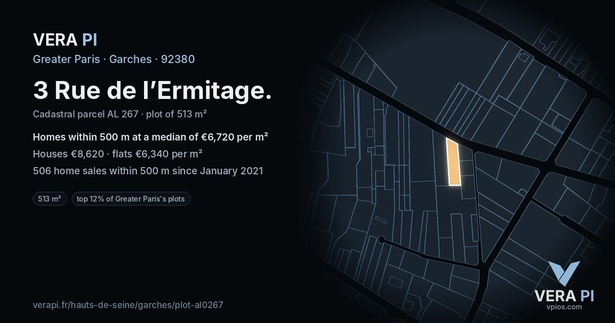 3 Rue de l’Ermitage, Garches at night – the plot lit, the parcels around coloured by the prices near them