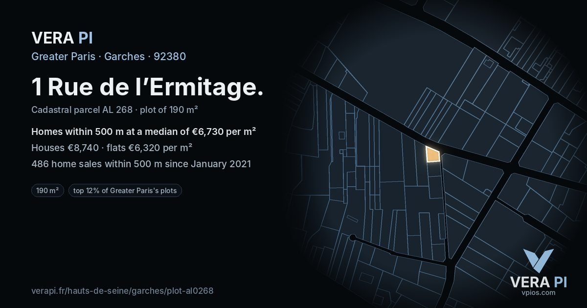 1 Rue de l’Ermitage, Garches at night – the plot lit, the parcels around coloured by the prices near them