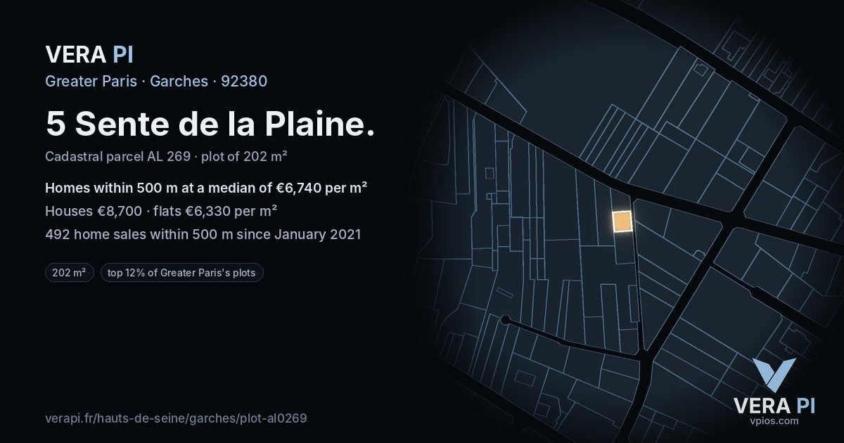 5 Sente de la Plaine, Garches at night – the plot lit, the parcels around coloured by the prices near them