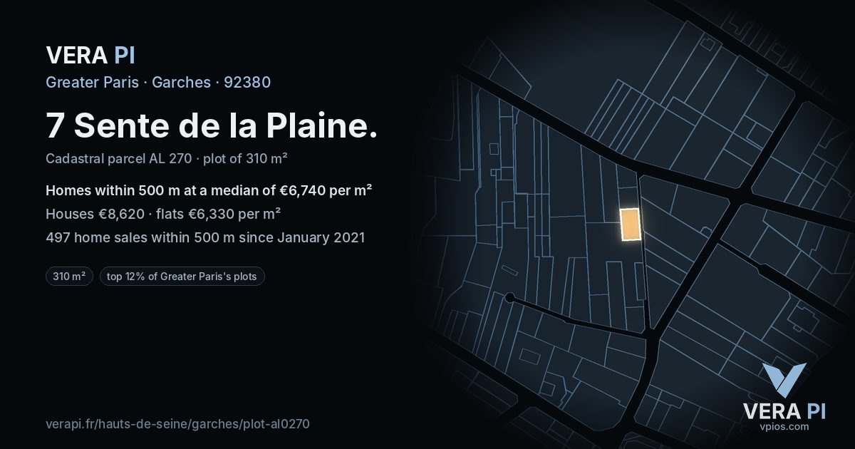 7 Sente de la Plaine, Garches at night – the plot lit, the parcels around coloured by the prices near them