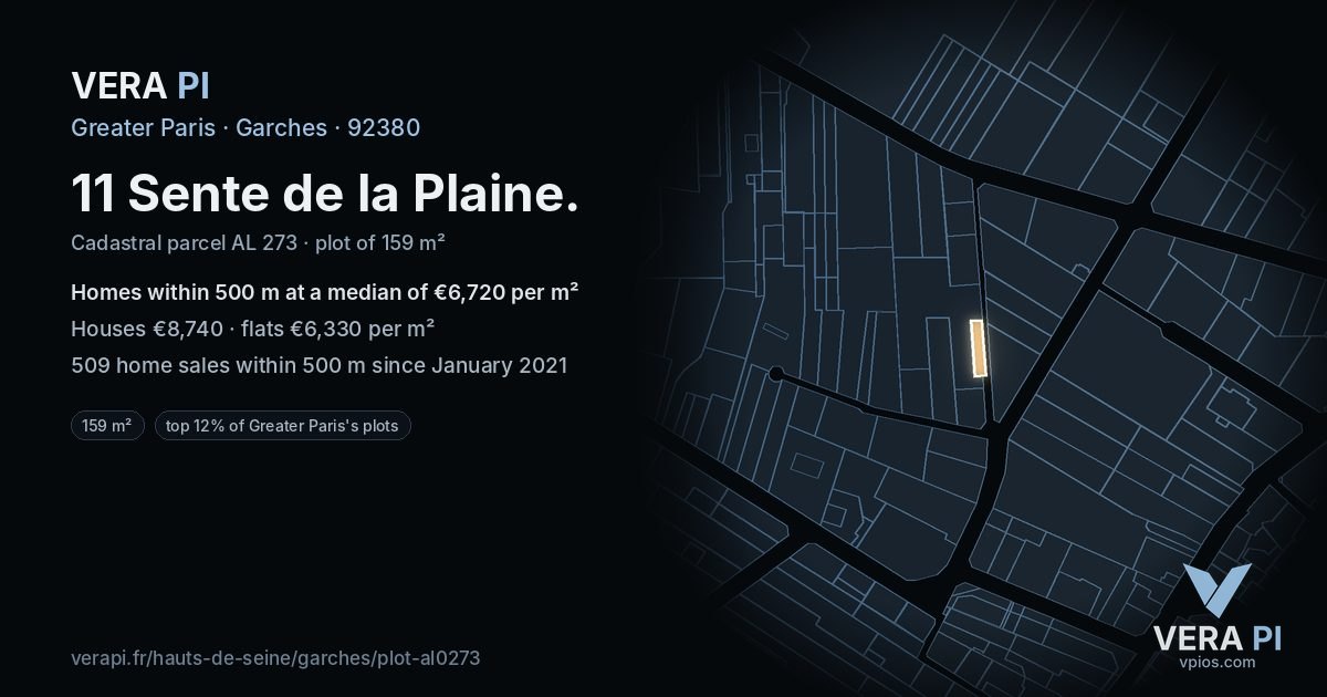 11 Sente de la Plaine, Garches at night – the plot lit, the parcels around coloured by the prices near them
