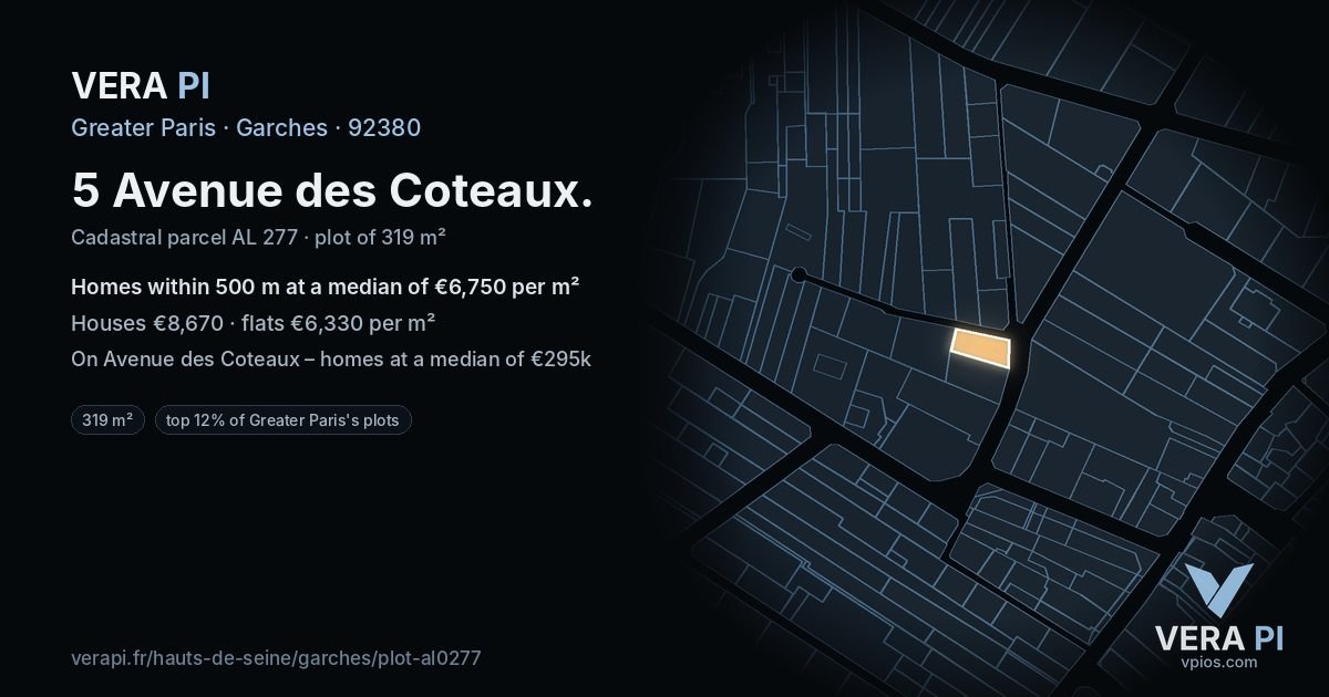 5 Avenue des Coteaux, Garches at night – the plot lit, the parcels around coloured by the prices near them