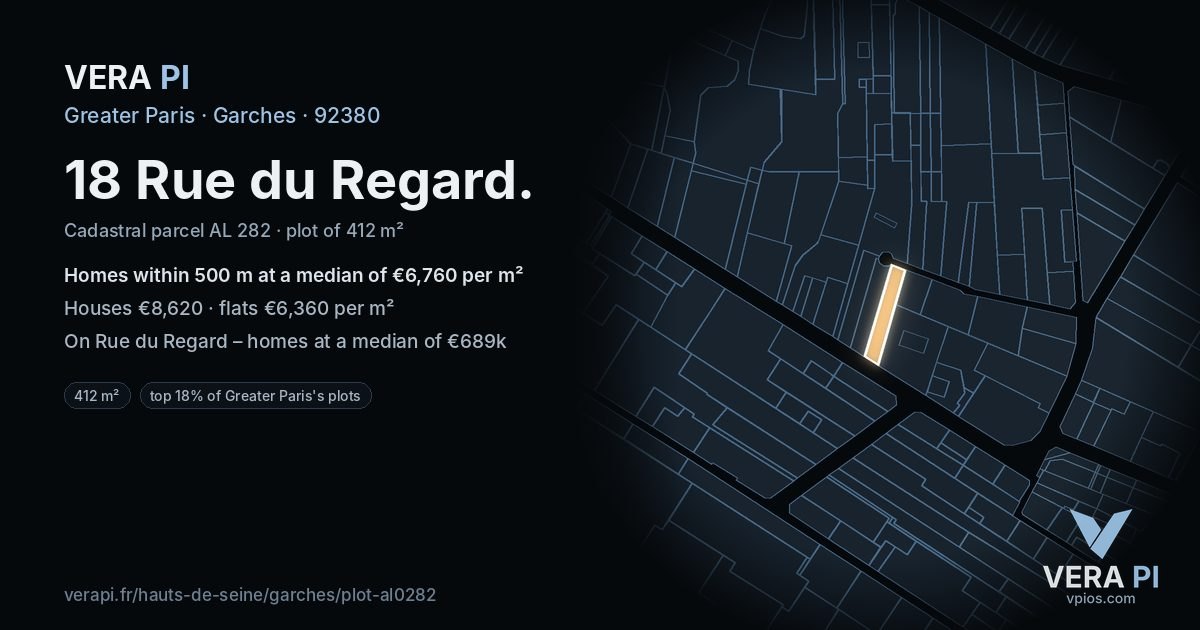 18 Rue du Regard, Garches at night – the plot lit, the parcels around coloured by the prices near them