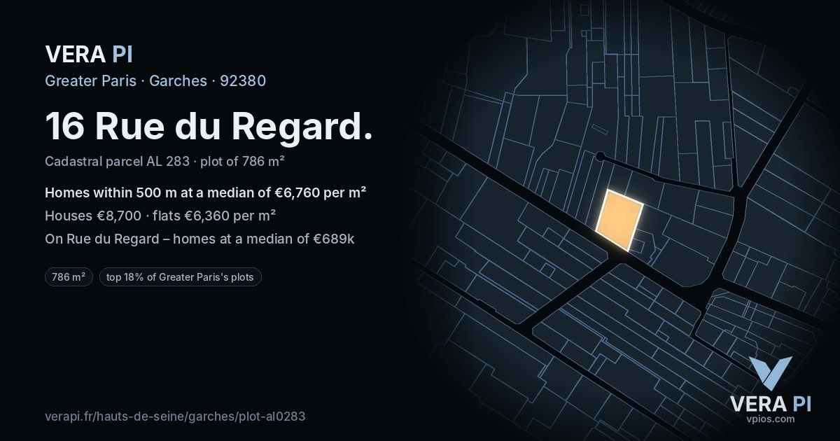 16 Rue du Regard, Garches at night – the plot lit, the parcels around coloured by the prices near them