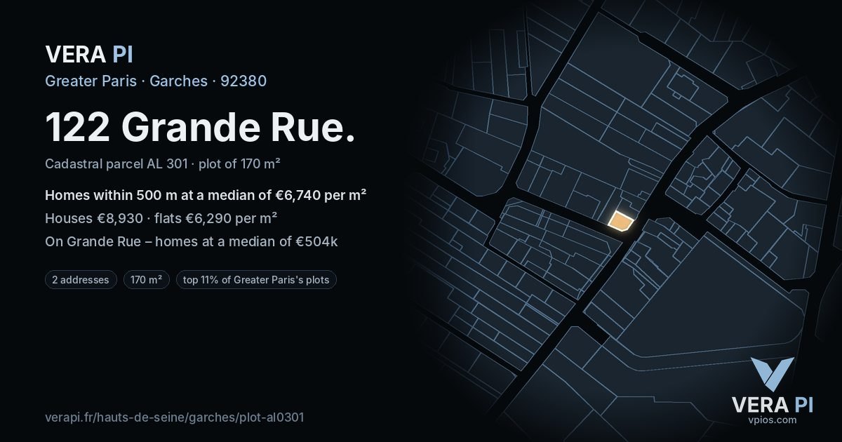 122 Grande Rue, Garches at night – the plot lit, the parcels around coloured by the prices near them