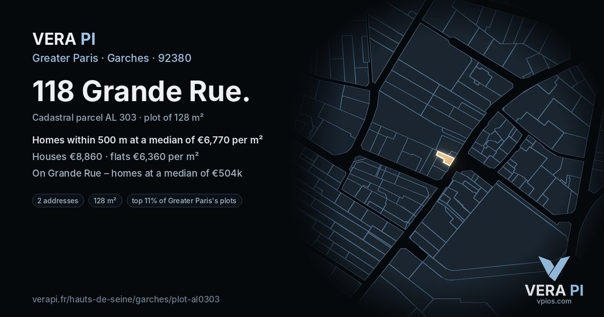 118 Grande Rue, Garches at night – the plot lit, the parcels around coloured by the prices near them