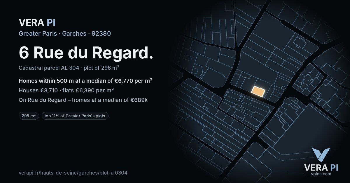 6 Rue du Regard, Garches at night – the plot lit, the parcels around coloured by the prices near them