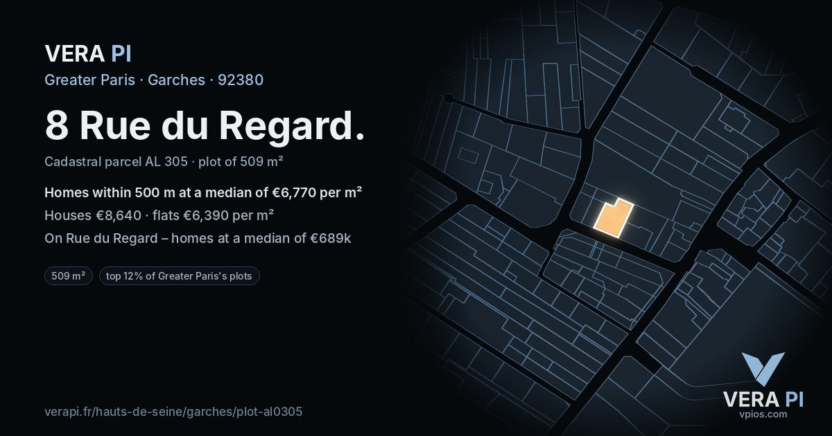 8 Rue du Regard, Garches at night – the plot lit, the parcels around coloured by the prices near them
