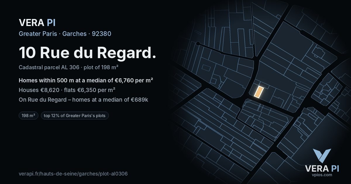 10 Rue du Regard, Garches at night – the plot lit, the parcels around coloured by the prices near them