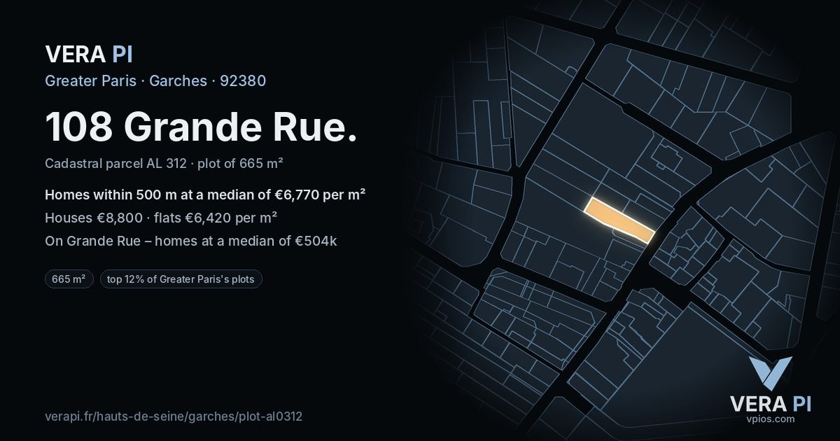 108 Grande Rue, Garches at night – the plot lit, the parcels around coloured by the prices near them