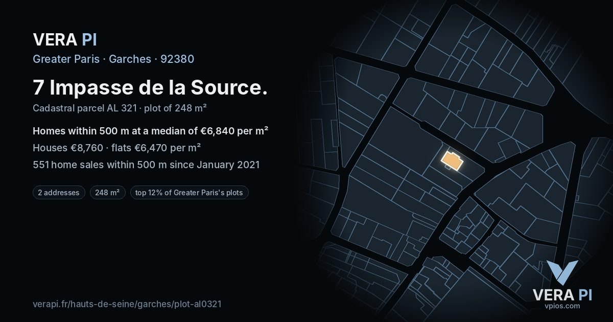 7 Impasse de la Source, Garches at night – the plot lit, the parcels around coloured by the prices near them