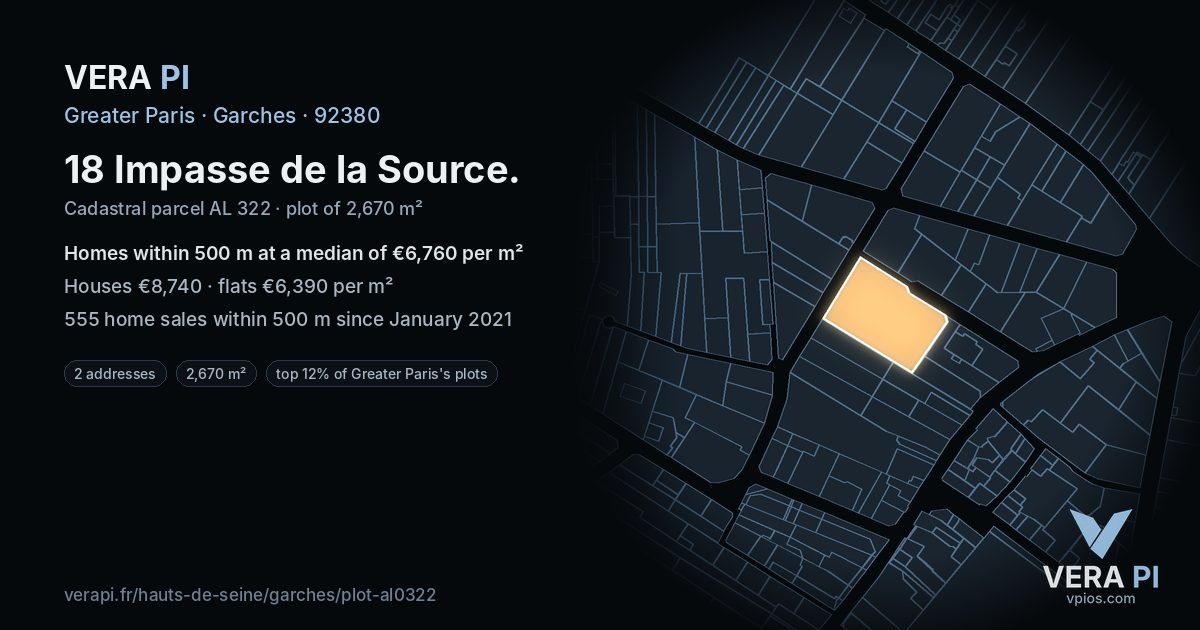18 Impasse de la Source, Garches at night – the plot lit, the parcels around coloured by the prices near them